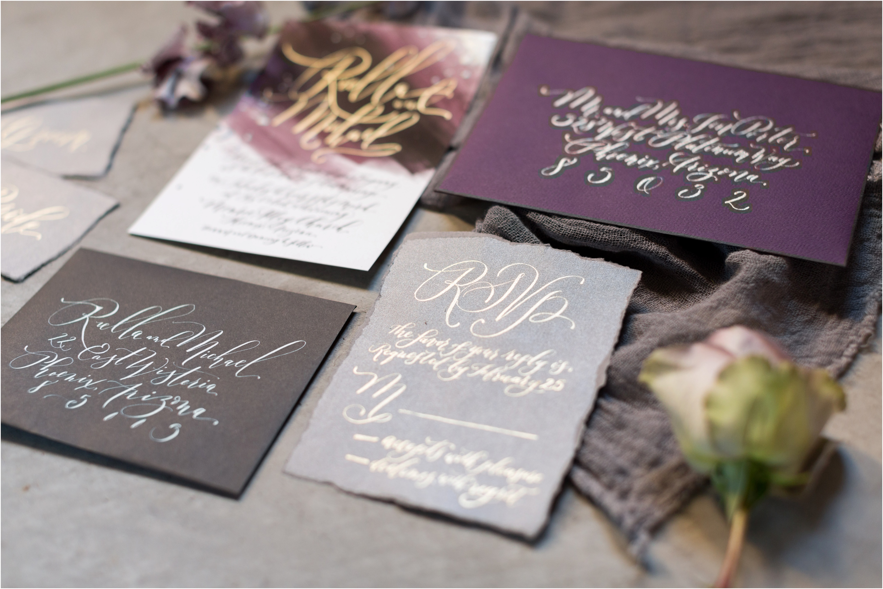 Purple themed wedding stationery 