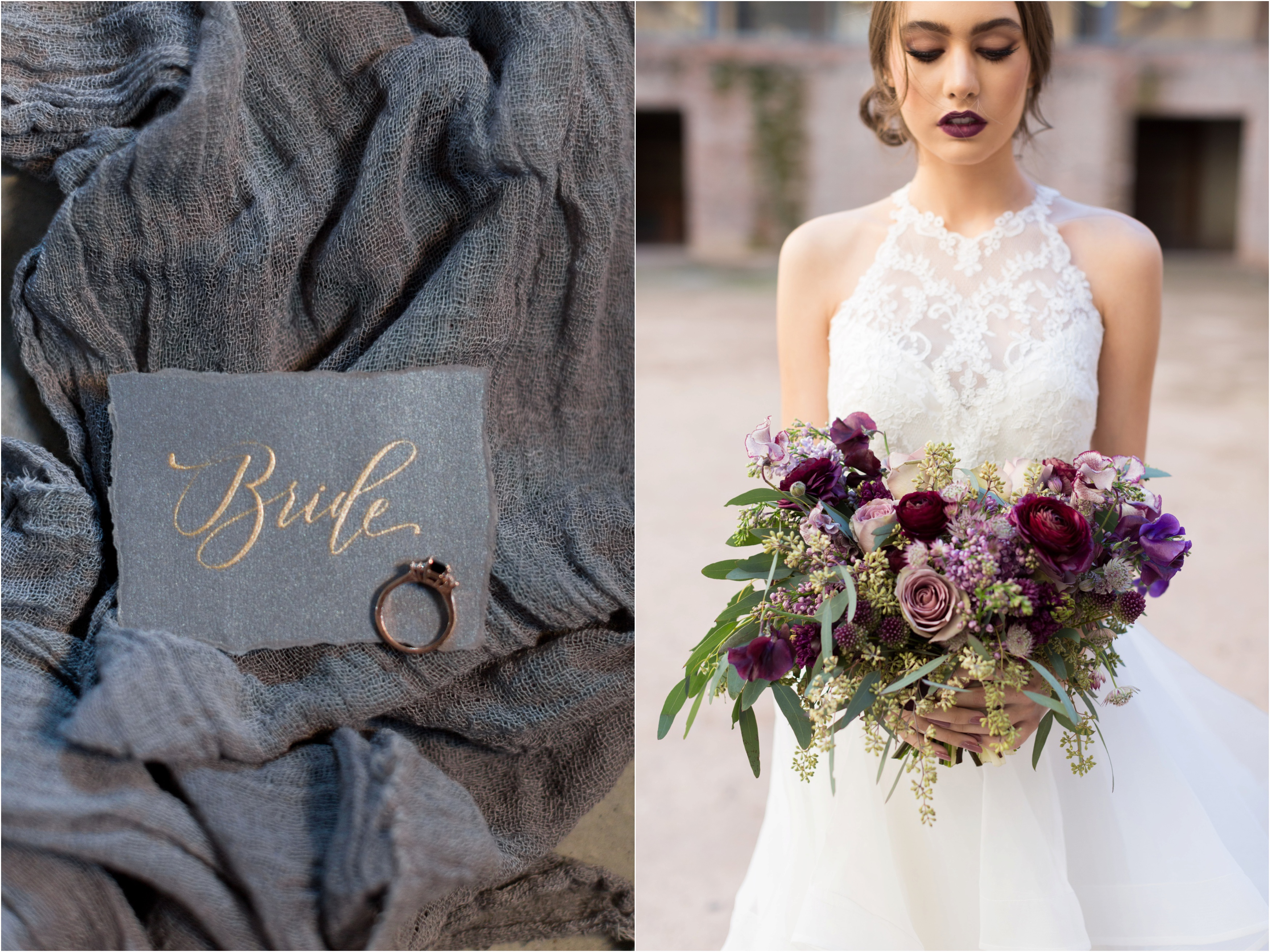 Bridal details with a rich purple bouquet 