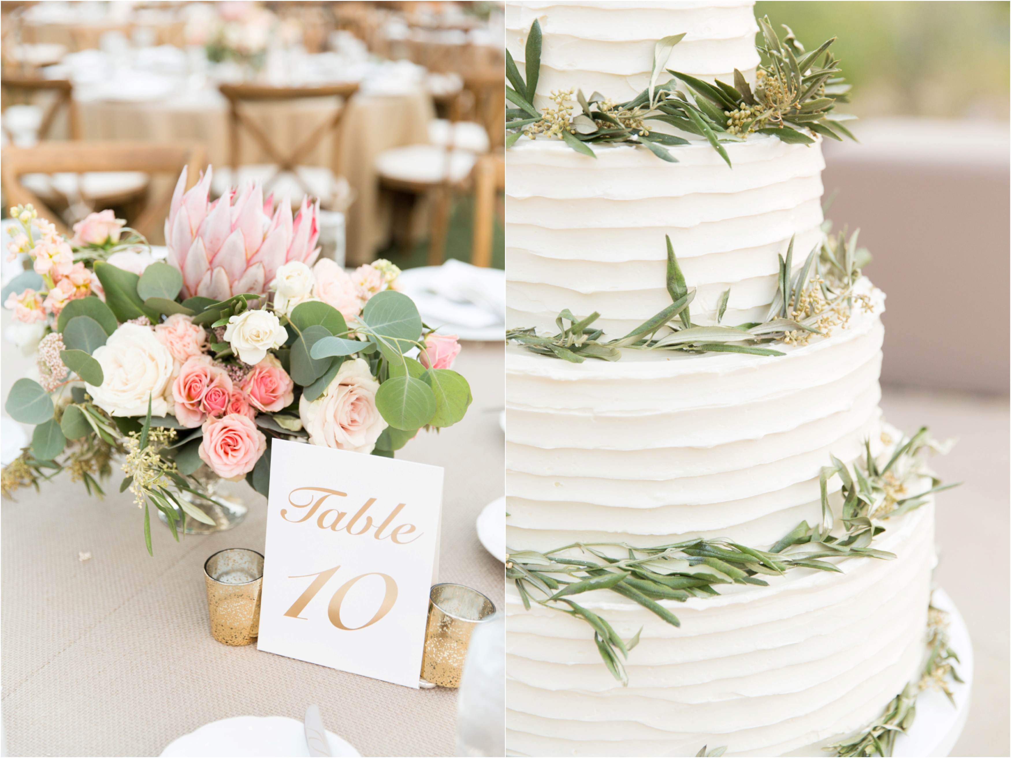 Table decoration and 4 tier white and greenery cake
