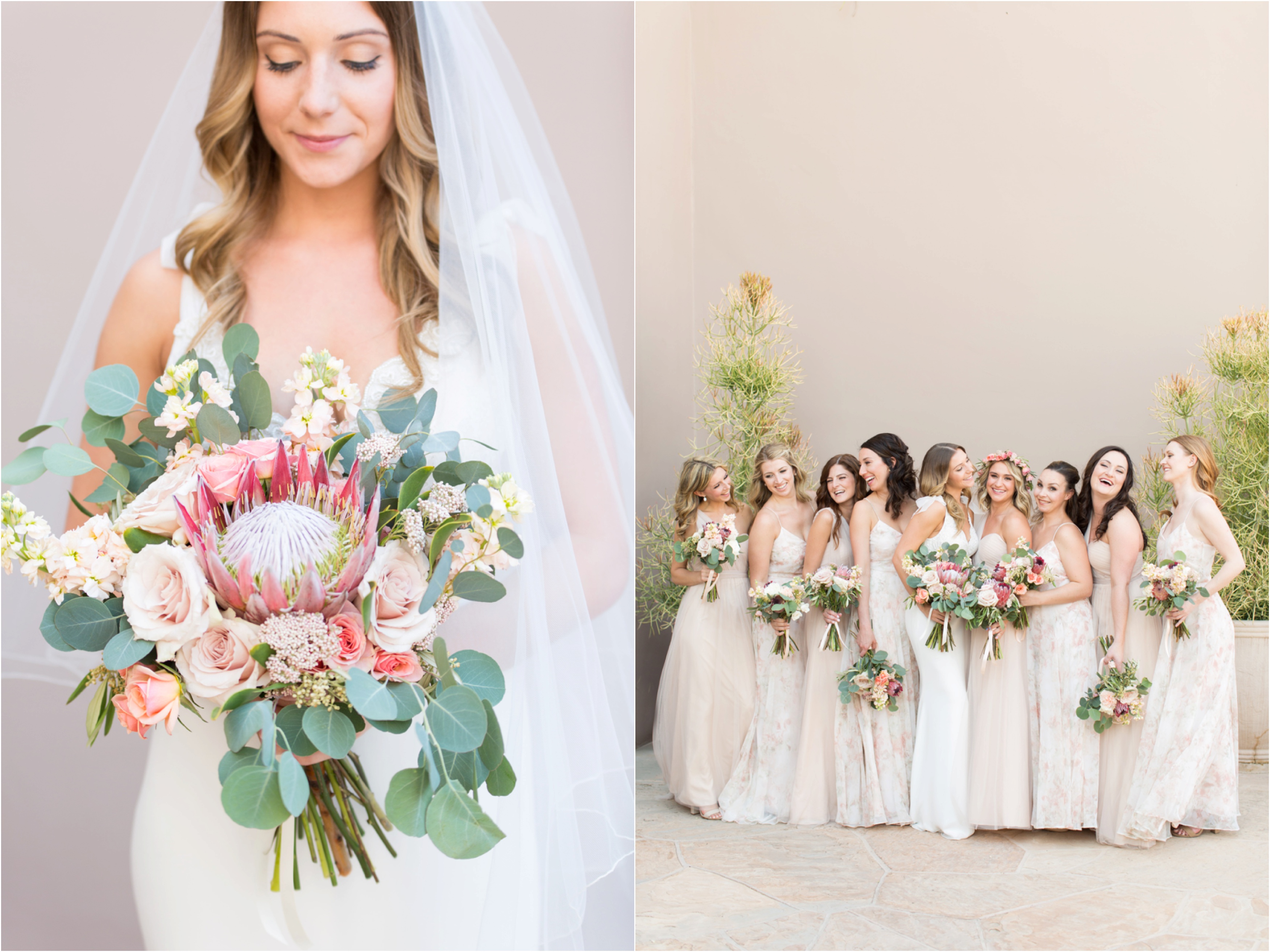 Blush pink bridesmaid dresses and bouquet 