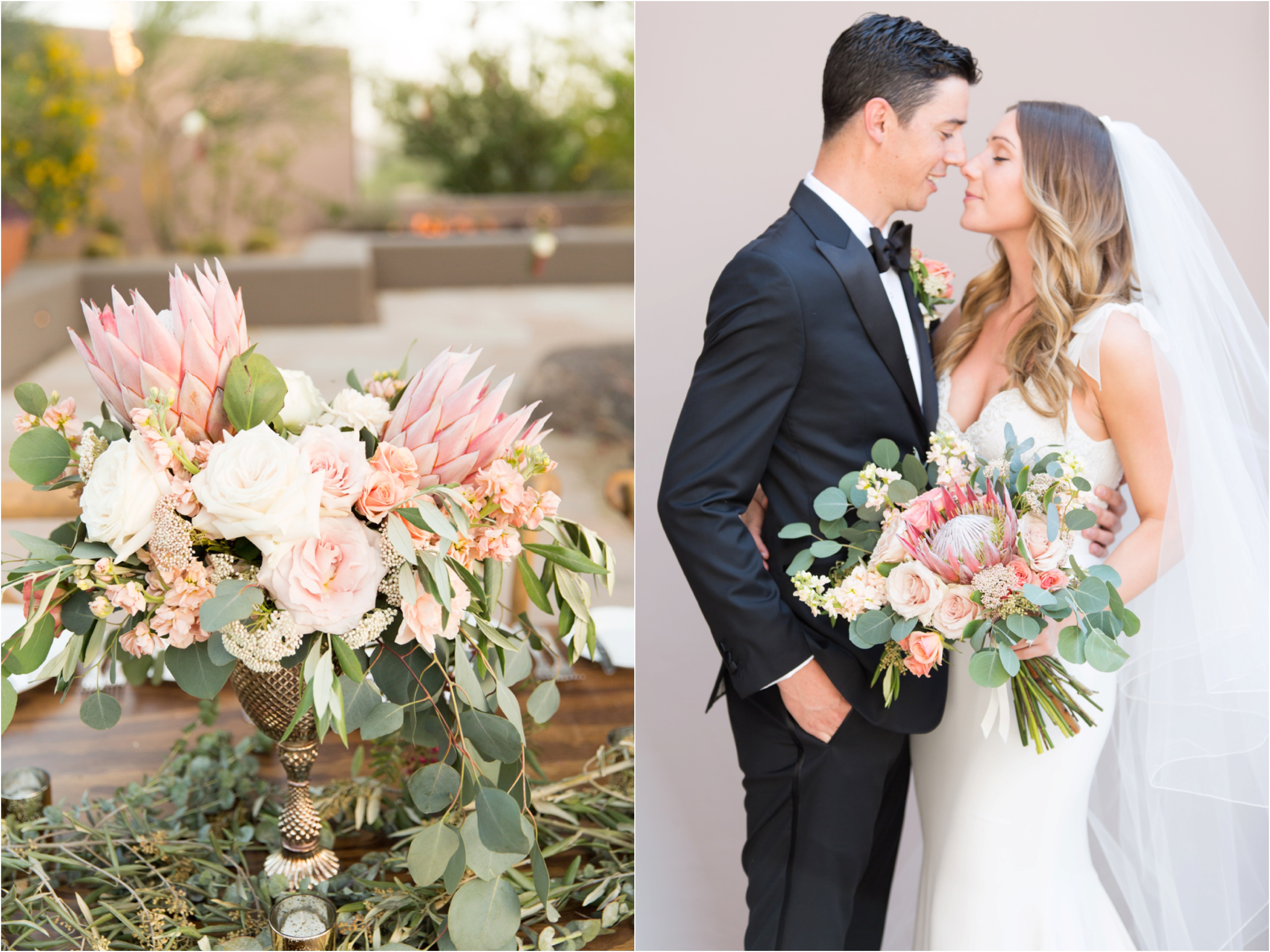Blush pink bouquet with bride and groom