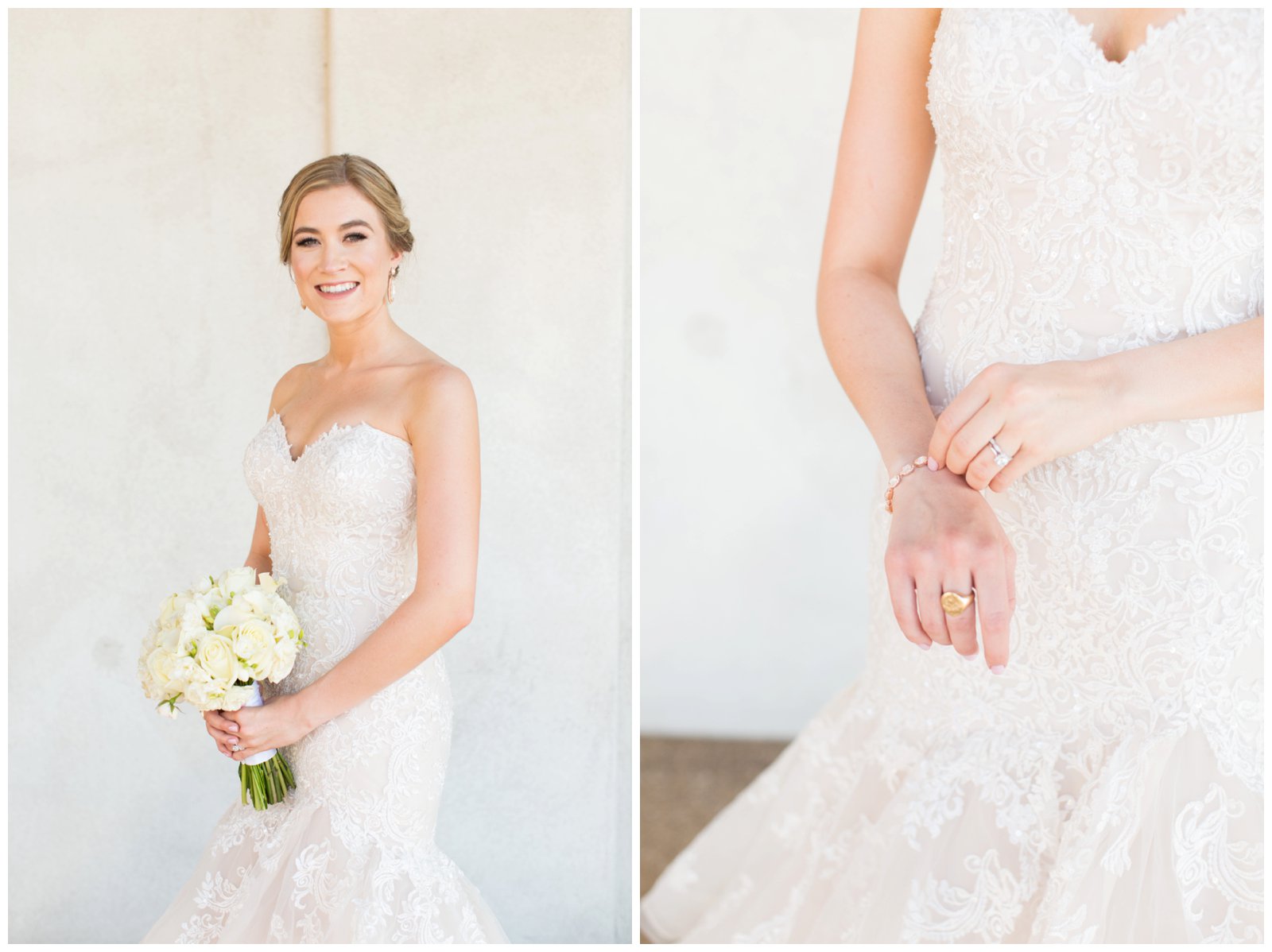 Portrait of the elegant bride and her white rose bouquet