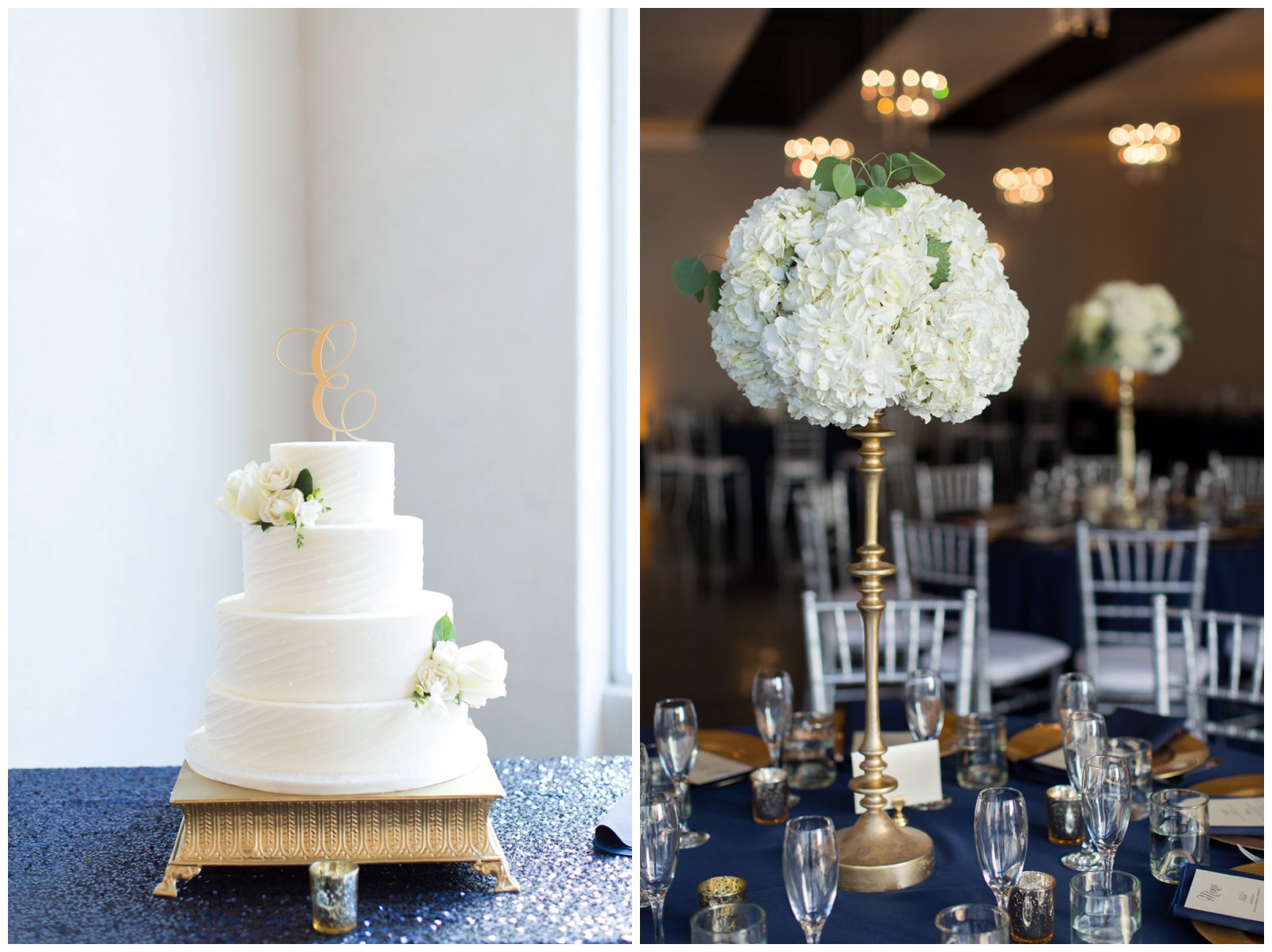 White floral themed wedding cake and table decorations