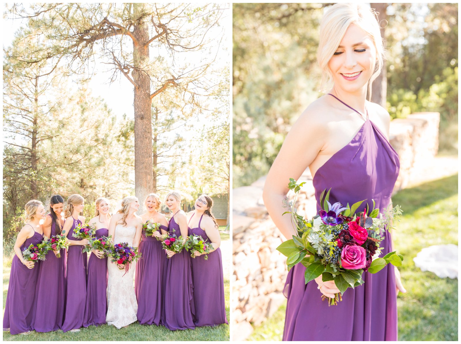 Purple bridesmaid dresses with pink and purple bouquet