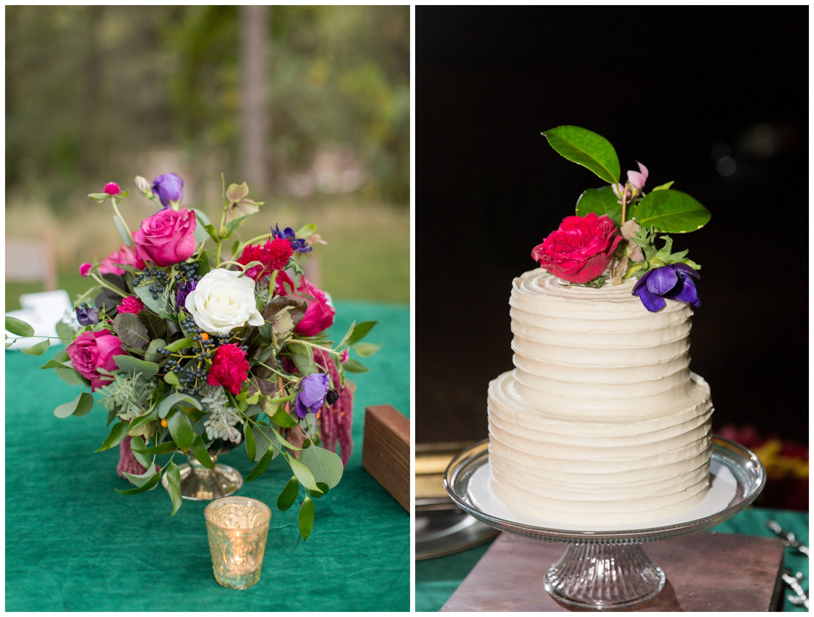 Pink and purple flowers, 2 tier wedding cake