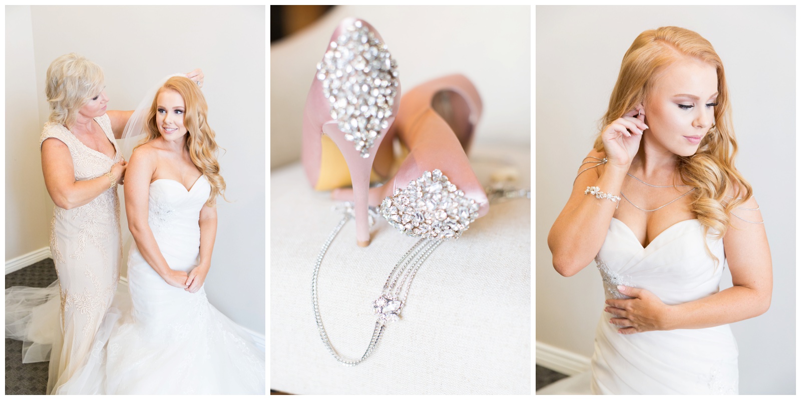 Bride getting ready and blush pink crystal wedding heels