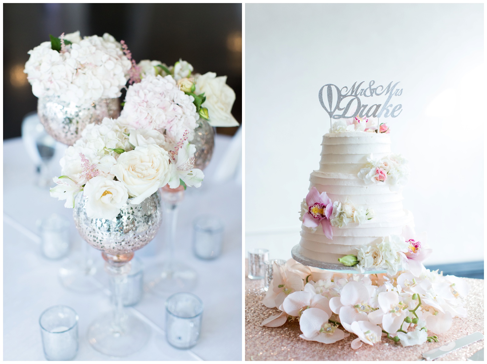 Old Hollywood style table decor and wedding cake