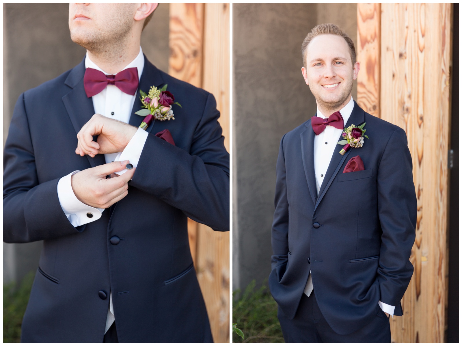 Groom portrait with maroon red accessories 