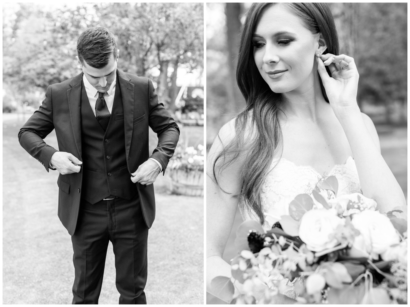 black and white single photos of bride and groom