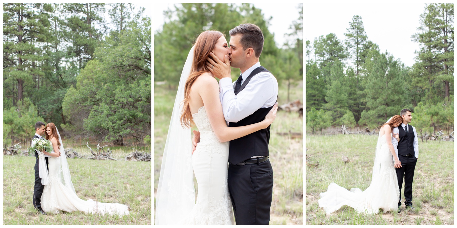 whimsical wedding portraits of bride and groom at pinetop arizona