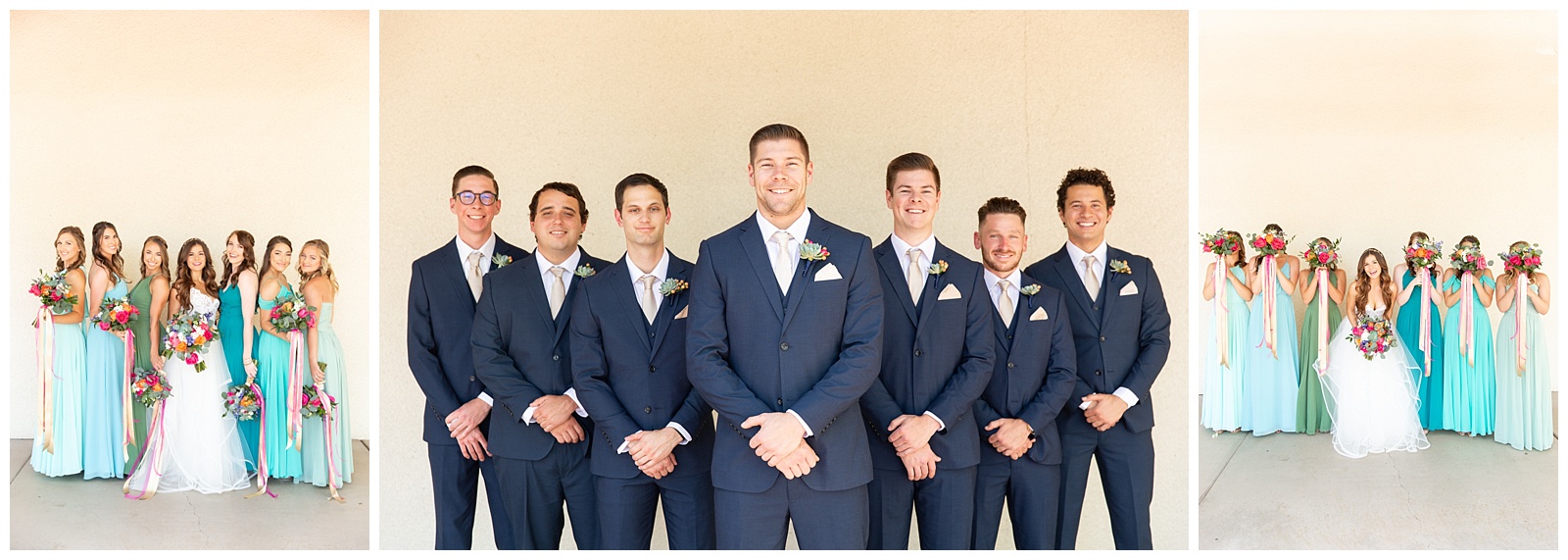 blue bridesmaid dresses and groomsmen suits , photos by riane roberts