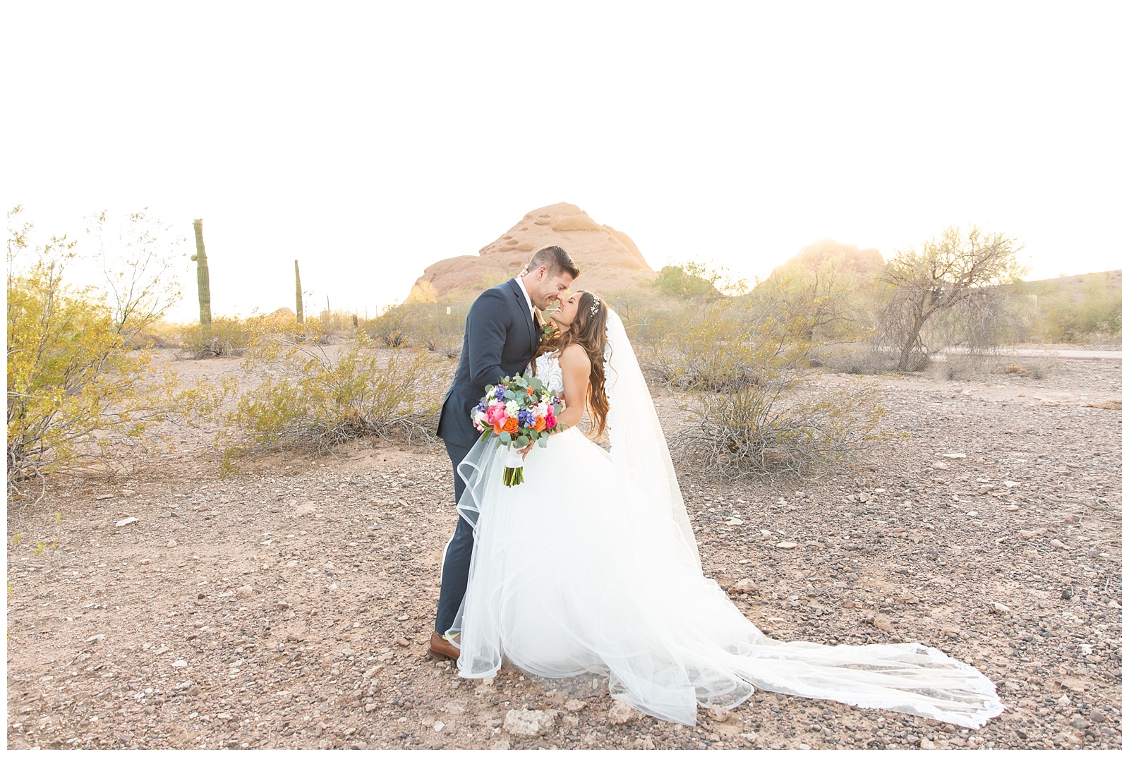 colorful bouquet, wedding portrait in arizona desert