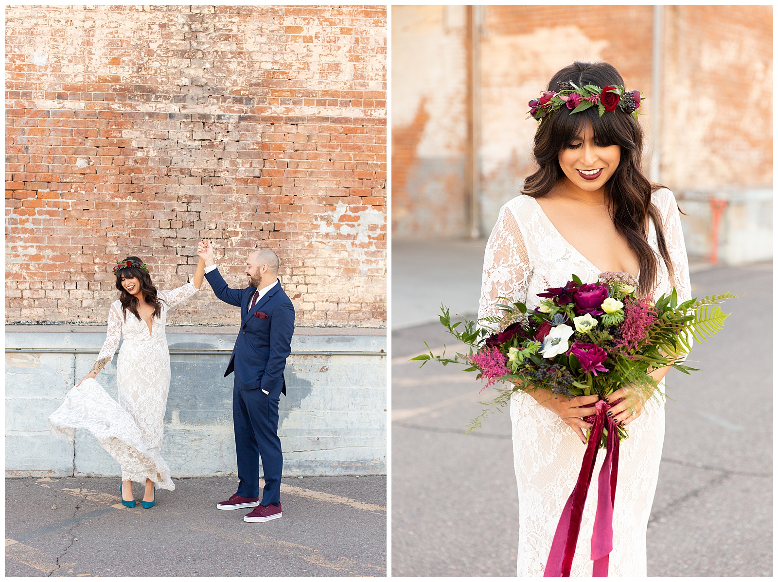 Phoenix wedding pictures of bride and groom with jewel color scheme