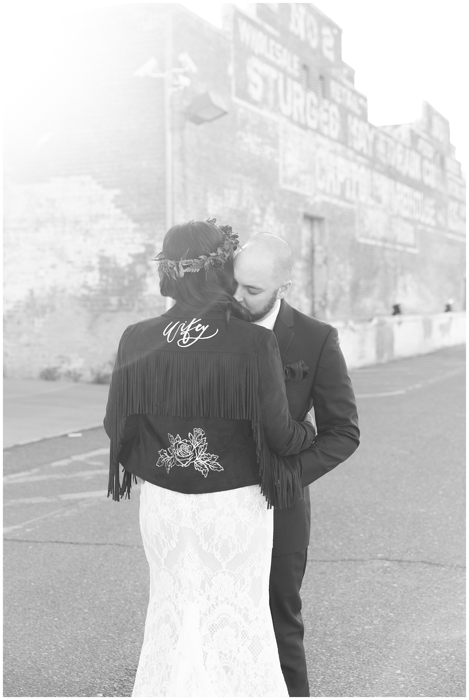 black and white portrait of bride and groom downtown phoenix