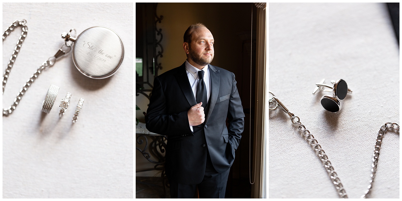 Grooms details with personalised pocket watch