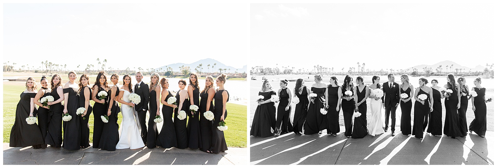Photograph of all the bridesmaids in their black dresses withe bride in the middle