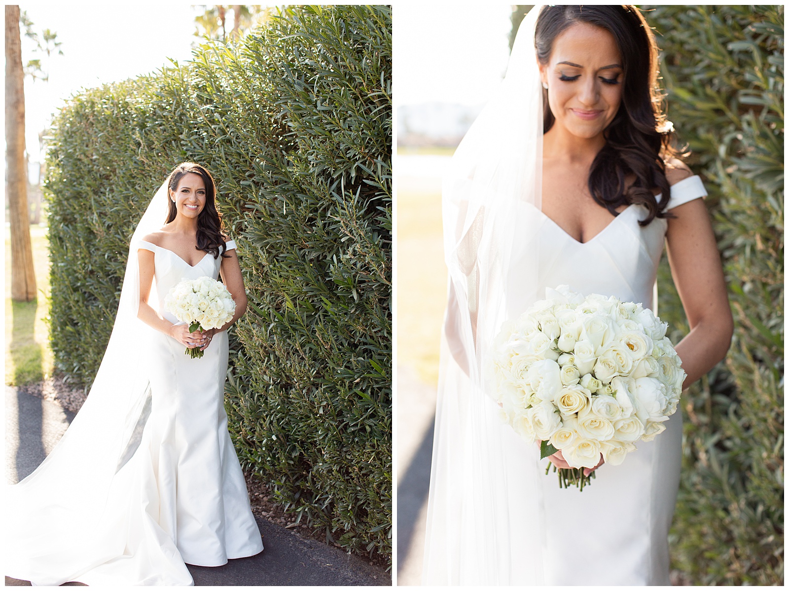 Portrait of the bride with white rose bouquet 