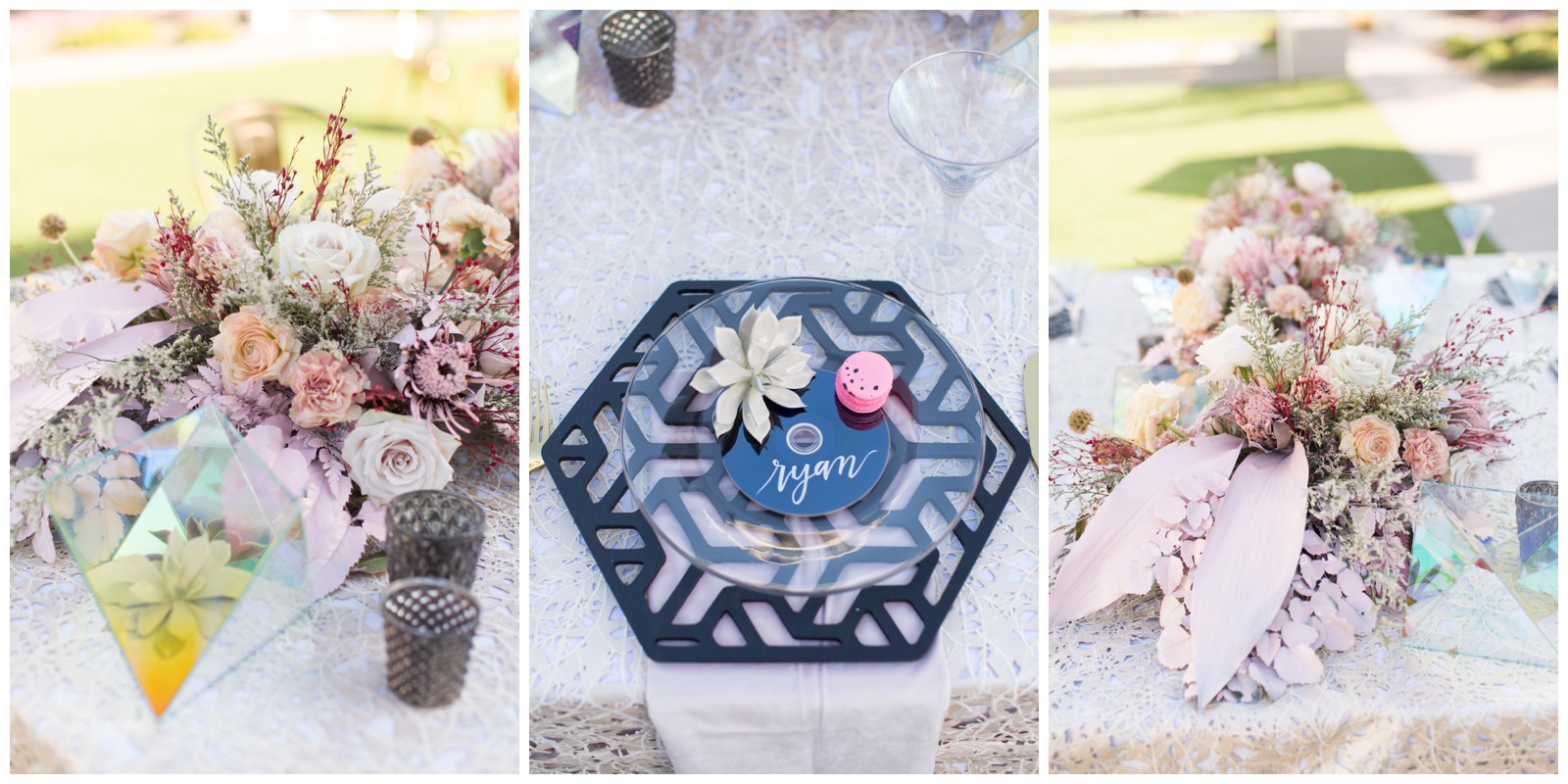 Record style wedding plates and blush pink floral centrepieces 