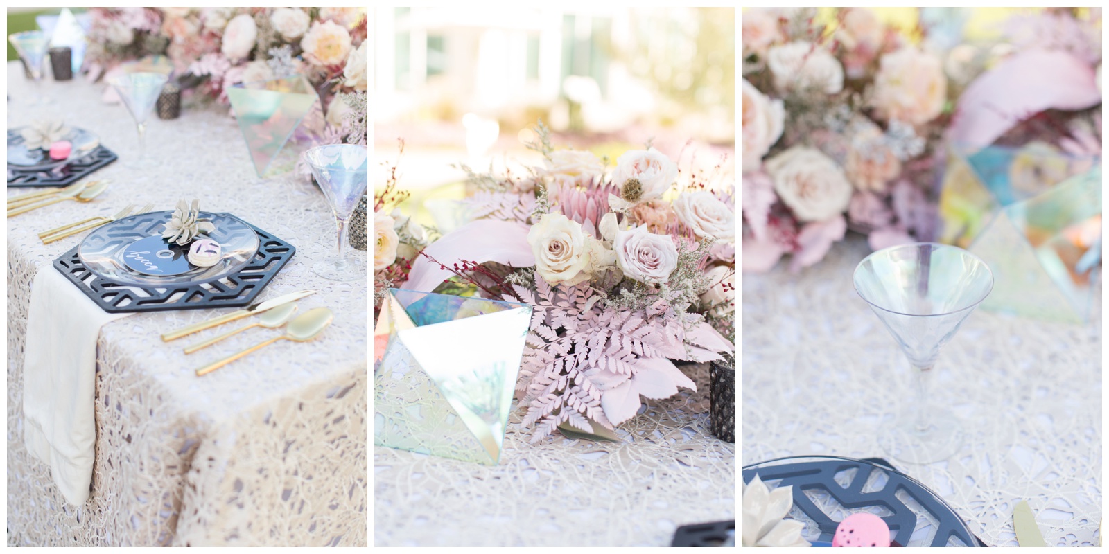 Lace table top and blush pink floral arrangements 