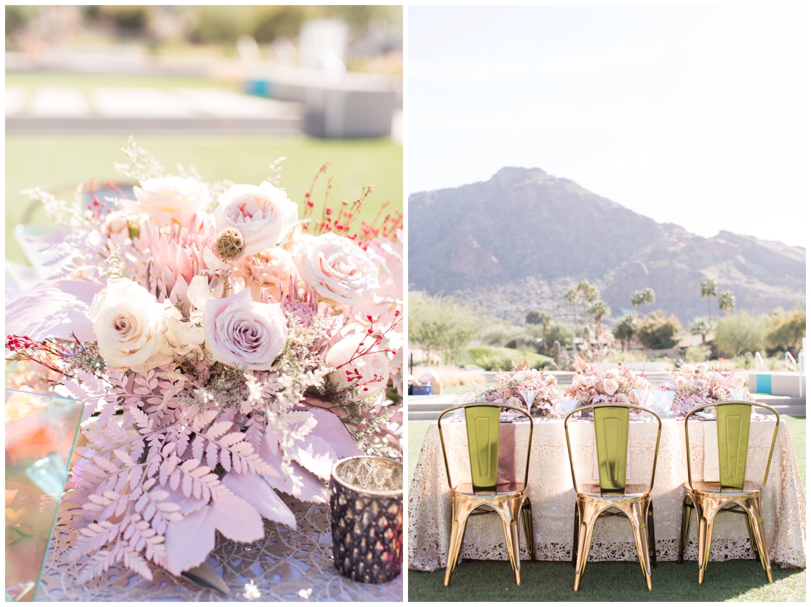 Blush pink wedding table arrangements with mountain views in arizona