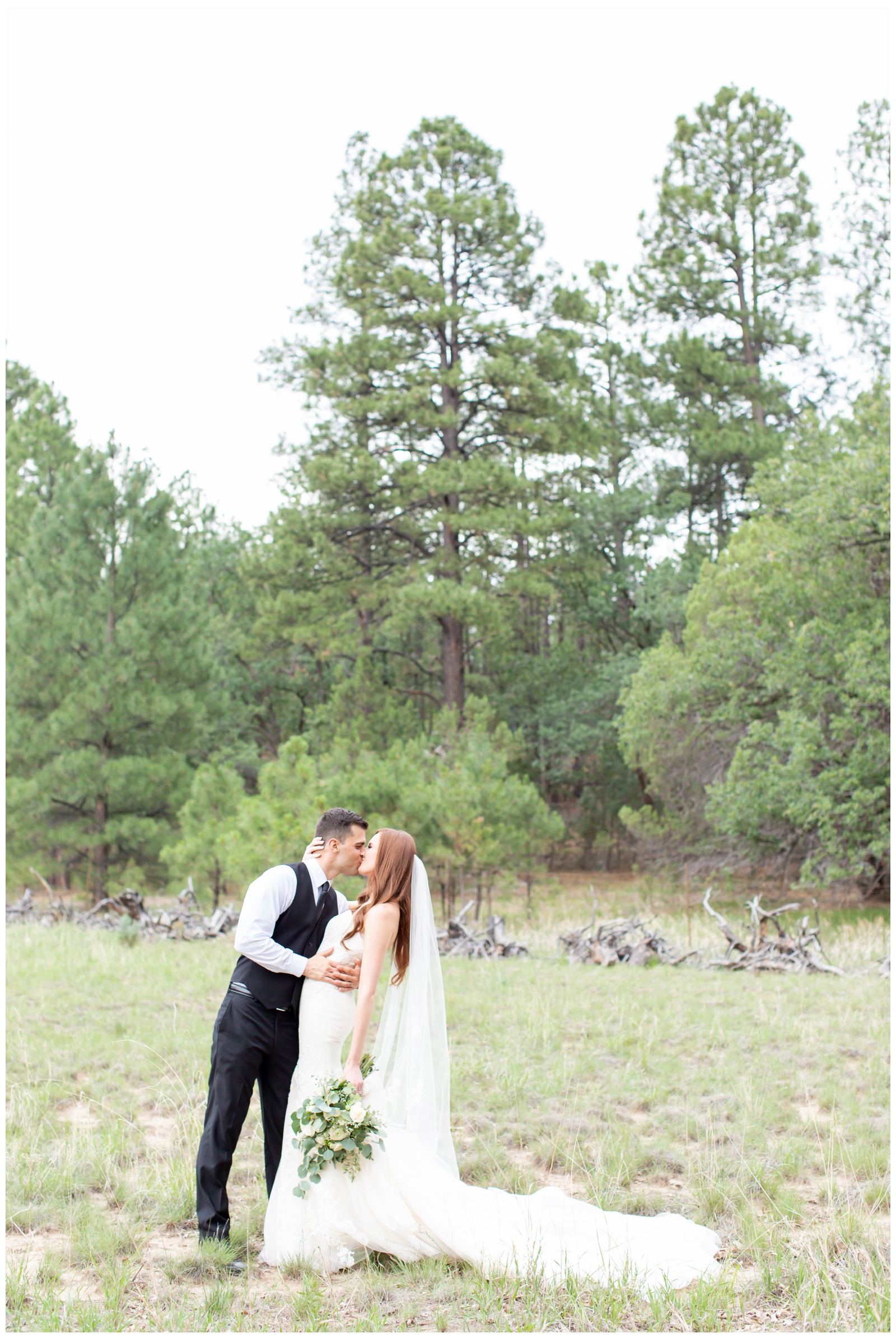 bride and groom kissing in nature
